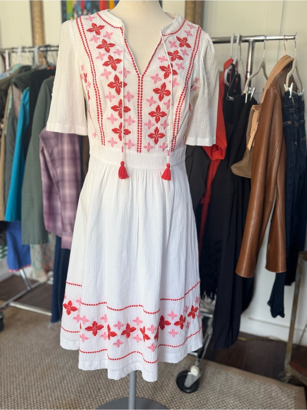 Boden White Midi Dress with Red and Pink Floral Embroidery